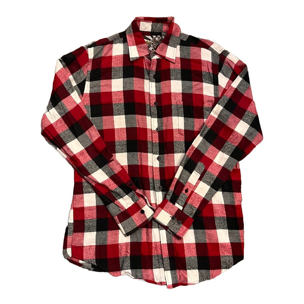 Men's Red Plaid Flannel Button Up Blue Crown Long Sleeve Size Medium
